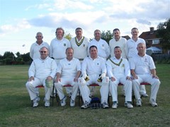 Belhus Vets XI at South Essex District Cricket Board Veterans Cup Final v Pegasus and Corringham CC at North Stifford 8th July 2008.  Back (L to R): Ian Wright, Peter Clark, Barry Ruck, Brian Edwards, Chris Dreher, Darren Frampton.  Front (L to R): Mike Squires, Darren Wells, Steve Huckstepp, John Forrest, Richard Waters.  Belhus lost.